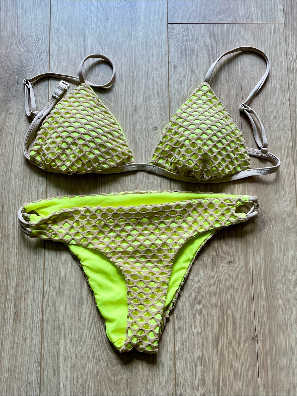Fashion Nova Neon Yellow Bikini with Beige Mesh Overlay